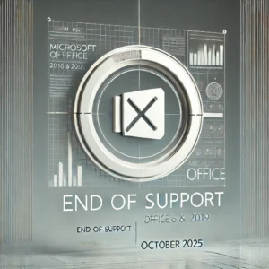 Eine moderne Illustration, die das Ende des Supports für Microsoft Office 2016 und 2019 darstellt. Im Fokus steht ein minimalistisches Design mit Text wie „End of Support“ und „Oktober 2025“, das die Dringlichkeit des Wechsels zu Microsoft 365 unterstreicht.