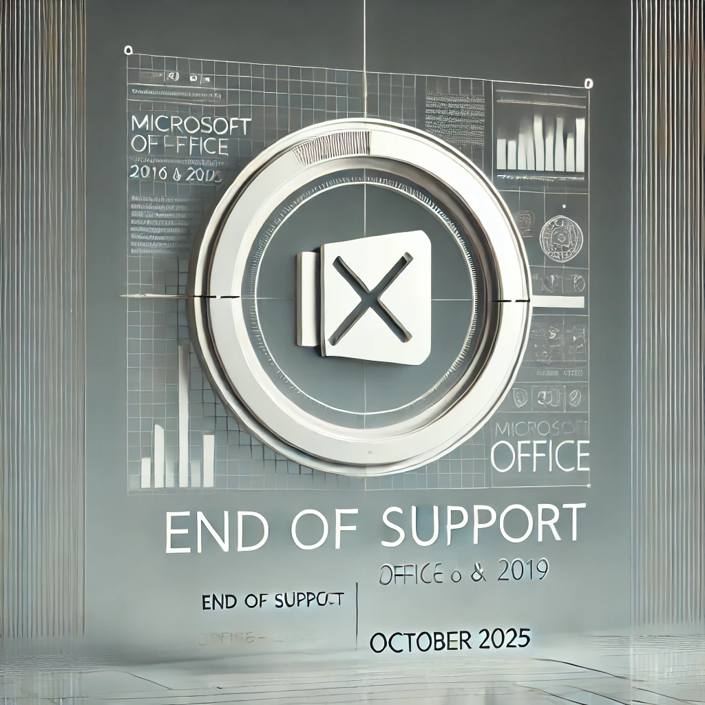 Eine moderne Illustration, die das Ende des Supports für Microsoft Office 2016 und 2019 darstellt. Im Fokus steht ein minimalistisches Design mit Text wie „End of Support“ und „Oktober 2025“, das die Dringlichkeit des Wechsels zu Microsoft 365 unterstreicht.